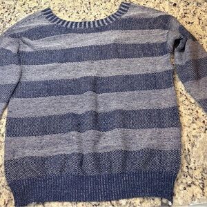 BCBGeneration Navy and Gray Striped Crewneck Sweater with a V Neck Back